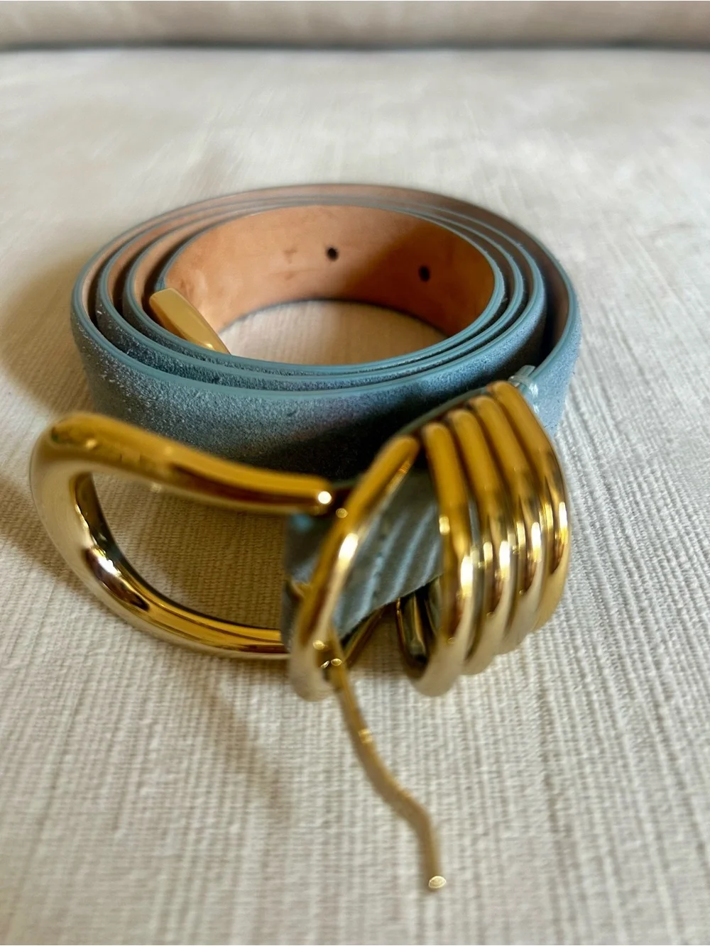 DÉHANCHE EUC Hollyhock Blue Suede Leather Belt 24K Gold Multi-Ring Buckle